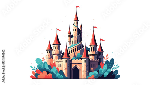 Grand fairytale castle with many towers, red roofs, and fluttering flags is nestled among lush green and teal foliage.