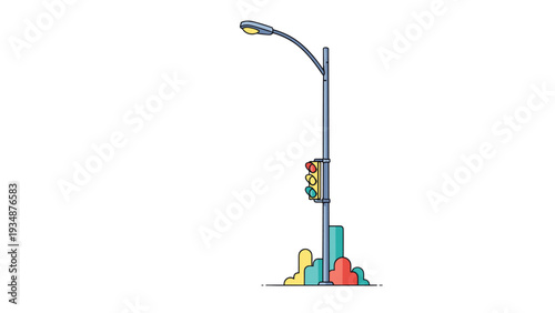 Simple street lamp with a traffic signal and a colorful urban base design is isolated on a clean white background.