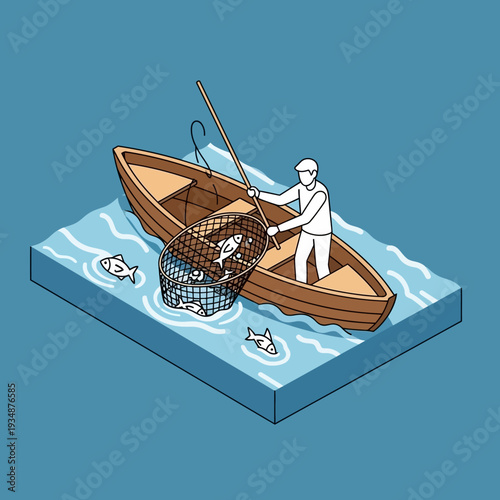Isometric illustration of a man fishing from a wooden boat on calm waters.