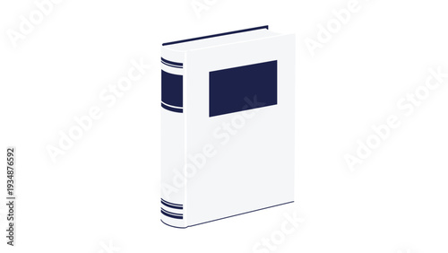Thick white hardcover book with a dark blue spine and a rectangular label on the front cover is presented in a perspective view.