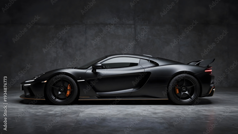 Fototapeta premium Luxury matte black sports car with aerodynamic design and orange details against a dark background