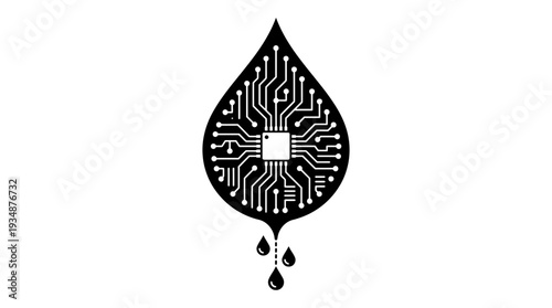 Smart irrigation icon shaped like a water droplet with integrated circuit board and CPU, symbolizing technology, efficiency, and intelligent water management in agriculture.