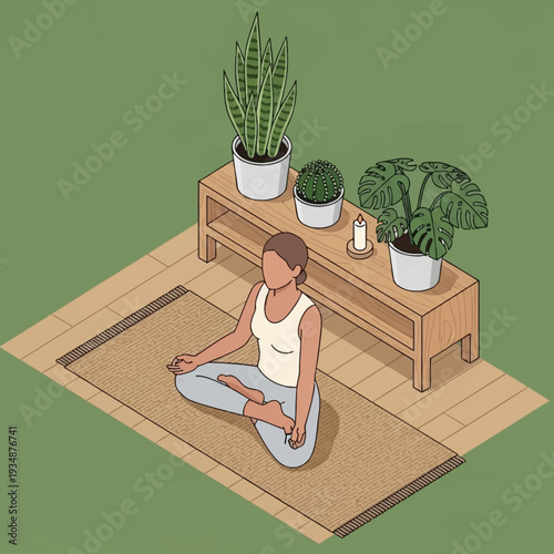 Man meditating in a serene indoor setting with plants.