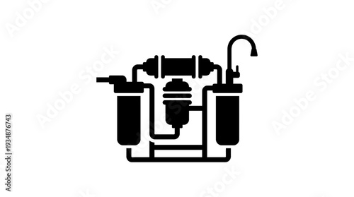 Black icon of a water purification system with filters and a faucet, representing clean water, filtration technology, and healthy hydration for domestic or industrial use.