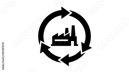 Minimalist flat black icon illustrating the circular economy concept with recycling arrows surrounding a factory silhouette, symbolizing industrial sustainability and resource management.