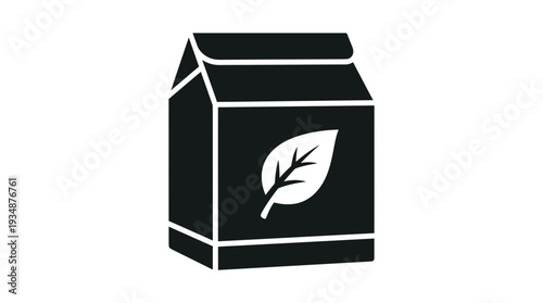 Flat black icon of a biodegradable packaging box with a prominent leaf symbol, signifying eco-friendly, sustainable, and compostable packaging solutions for products.