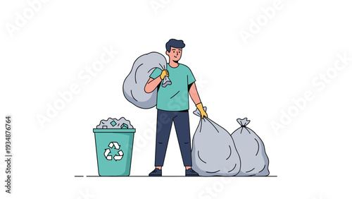 Young man in a green shirt and yellow gloves carrying large grey trash bags next to a full recycling bin during a community cleanup.