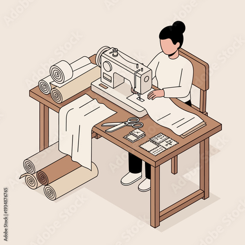 Woman working on sewing machine with fabric and scissors.