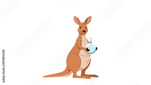 Cute brown kangaroo standing upright and holding a blue glass Christmas ornament with white snowflakes on it against a white background.