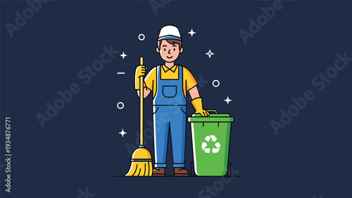 Smiling janitor in blue overalls holding a professional broom and standing next to a large green recycling bin on a dark background.