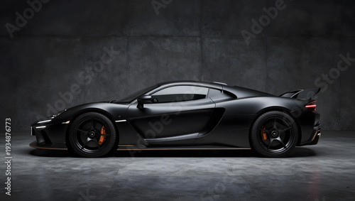 Luxury matte black sports car with aerodynamic design and orange details against a dark background