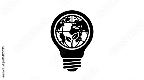 Conceptual black and white flat design icon of a light bulb containing a stylized Earth and sprouting leaves, representing climate innovation, eco-friendly ideas, and sustainable energy solutions.