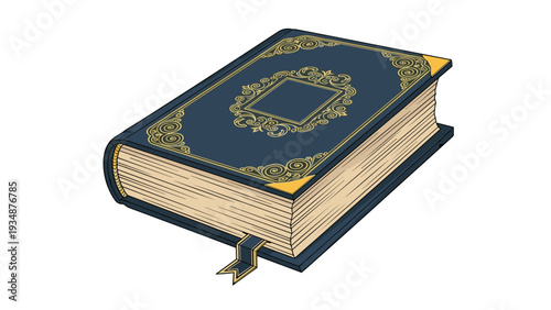 Antique hardcover book with dark blue leather and ornate gold foil decorative patterns on the front cover and corners for a vintage look.