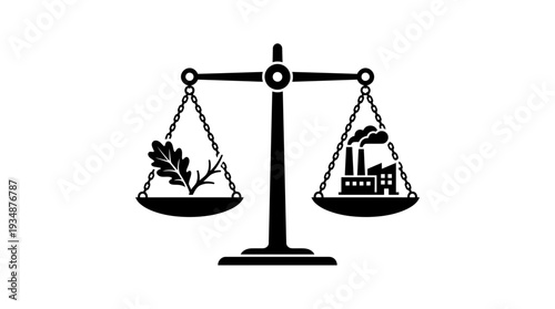 Black and white illustration of a balance scale weighing a plant and a factory, symbolizing the critical balance between industrial development and environmental preservation, ecological equilibrium.