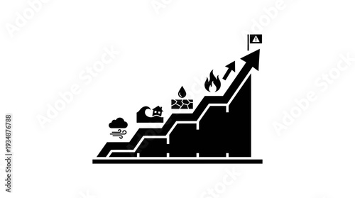 Black and white icon depicting a rising chart graph with symbols for wind, flood, drought, and fire, illustrating escalating climate risks and the urgent need for assessment and action.
