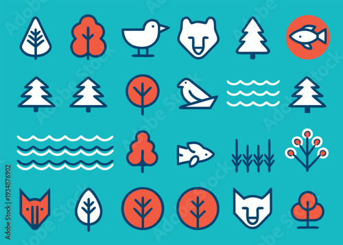 Twenty four nature and animal icons on a solid teal blue background.
