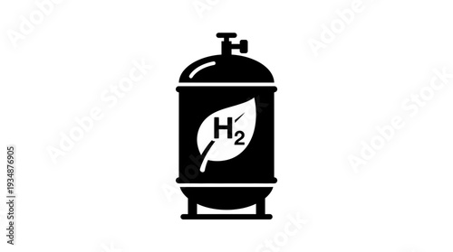 A black silhouette of a hydrogen energy tank with an H2 symbol and a leaf icon, signifying clean fuel, sustainability, and ecological technology.