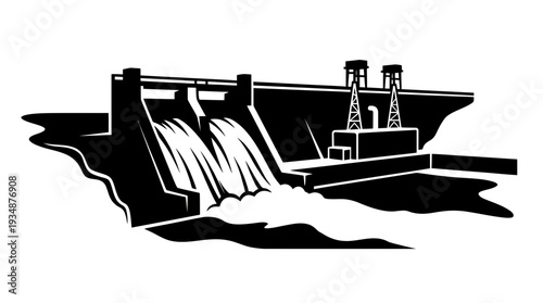 A stark black silhouette of a hydroelectric dam with water powerfully gushing through its spillways, symbolizing hydroelectricity and industrial power generation.