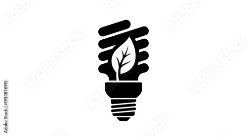 A black silhouette of a compact fluorescent light bulb with a green leaf emerging from its center, symbolizing energy efficiency and eco-friendly lighting solutions.