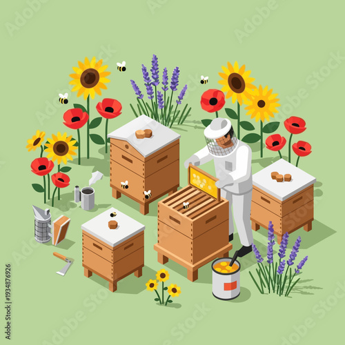 Beekeeper inspecting beehives in a vibrant flower garden.