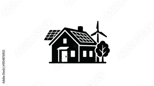 Black silhouette of an eco-friendly house with solar panels and a wind turbine, symbolizing sustainable living, renewable energy, and green architecture.