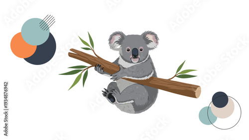 Fluffy grey koala clinging to a wooden branch with green leaves against a minimalist background with abstract circles and geometric shapes.