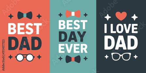 Father's Day Triptych with Heart Bow Ties and Glasses on Colorful Background