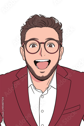 A man with glasses and a beard smiles widely while wearing a red suit and a white shirt. He looks happy and joyful.