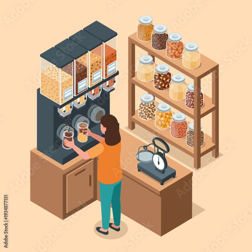 Woman buying bulk food from a dispensing machine.