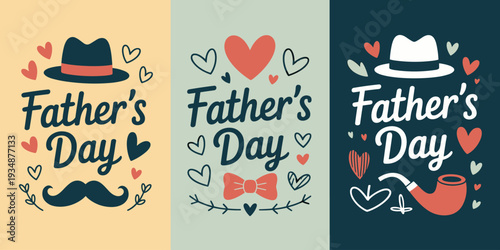 Three father's day greeting card designs with hats pipes bow ties mustaches