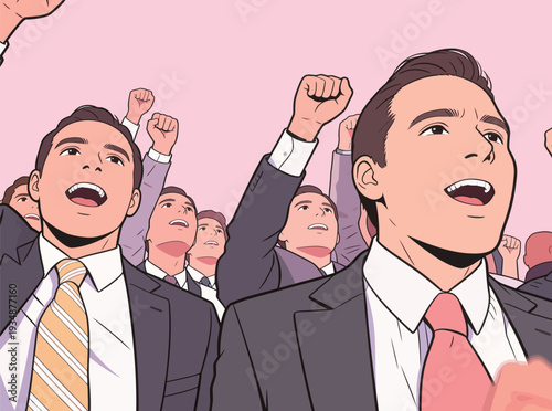 A group of people is gathered at a conference center, raising their hands and cheering. They are showing excitement and support for a speaker.