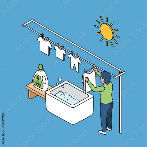 Woman washing clothes by hand in a tub outdoors under the sun.