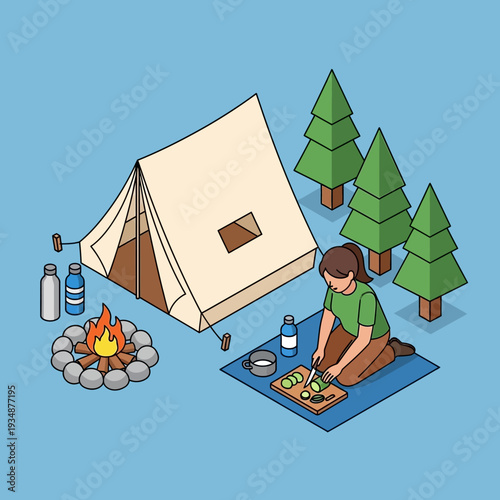 Woman enjoying a meal while camping in a serene forest setting.