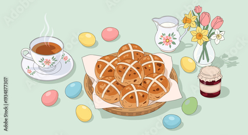 Spring brunch with hot buns vibrant eggs fresh flowers and warm beverage