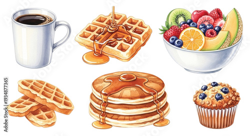 Hand Drawn Watercolor Breakfast Food Set with Coffee, Waffles, Pancakes, Fruit Bowl and Muffin Isolated
