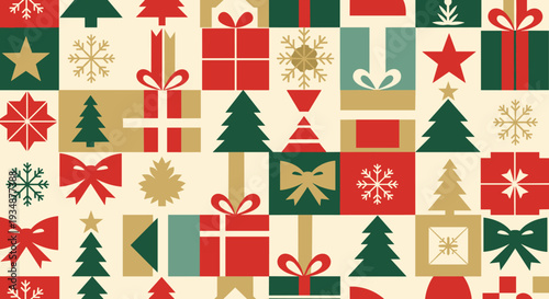 Festive Seamless Pattern with Geometric Holiday Gifts and Winter Ornaments