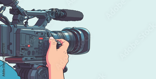 A person adjusts a camera for a video recording. The setting is in a studio with simple background. Equipment is ready for shooting.