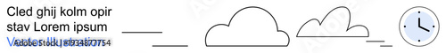 Time management, weather forecasting, productivity tools, cloud computing, digital services, minimalistic design. Cloud shapes aligned with clock icon and text. Time management and weather