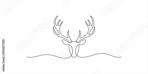 Minimalist line art drawing of a majestic deer head with large antlers on white background