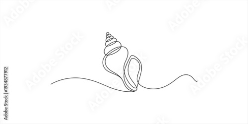 Minimalist single line drawing of a spiral seashell resting on a gentle wave on white background