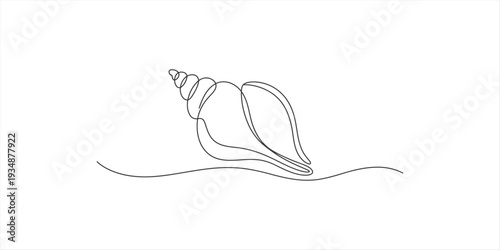 Minimalist continuous line drawing of a seashell resting on a simple wavy horizon line