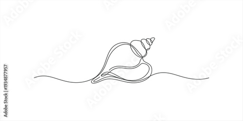 Continuous line drawing of a beautiful seashell resting on a wavy beach sand line.