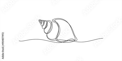 Continuous line drawing of a spiral seashell resting on a wavy sandy beach line.