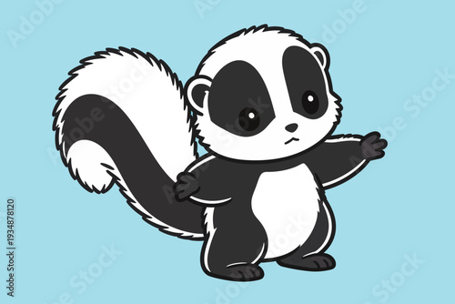 A cartoon skunk with black and white fur stands on a light blue background. It has its arms open wide, looking friendly and inviting.