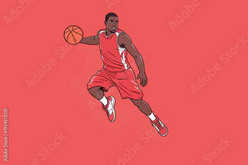 A player in a red uniform jumps into the air holding a basketball while preparing to shoot. The background is bright red.