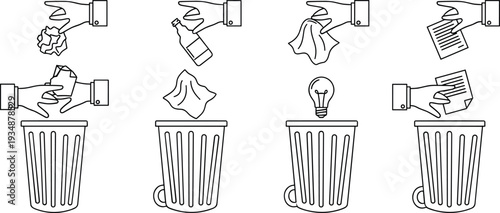 Throwing trash into bin vector set with recycling waste disposal line art illustration