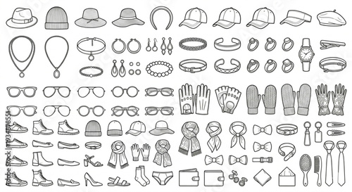 Fashion Accessories and Jewelry Line Art Vector Set, Minimalist Apparel Elements Collection
