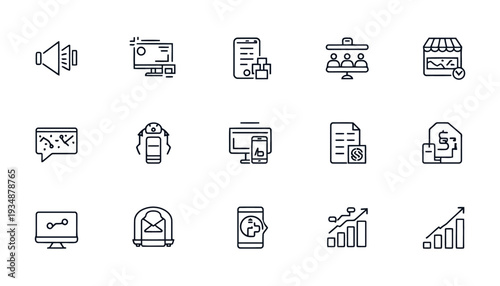 Digital Business Icons Set: A comprehensive collection of meticulously crafted digital business icons, representing a spectrum of essential concepts for modern commerce and communication. 