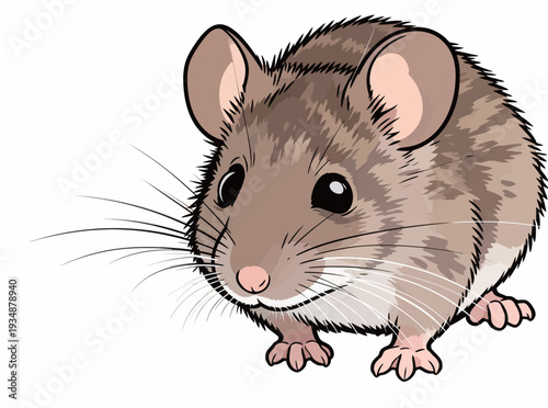 A cartoon mouse looks at viewers with its soft eyes and small body. The mouse is standing while its ears are up and tail is relaxed.