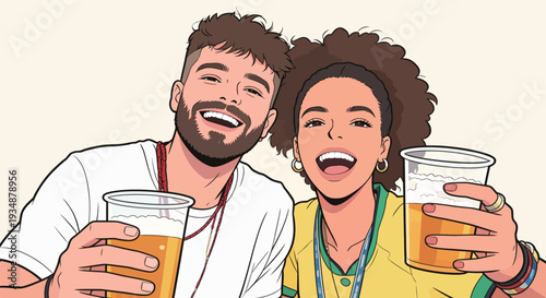 Two friends are smiling and raising their glasses filled with beer at a cheerful event during the day.
